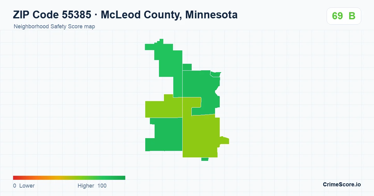 ZIP Code 55385 in McLeod County, Minnesota neighborhood Safety Score map