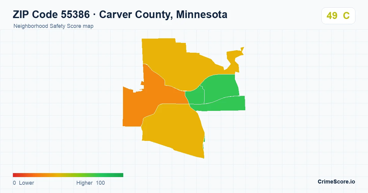 ZIP Code 55386 in Carver County, Minnesota neighborhood Safety Score map