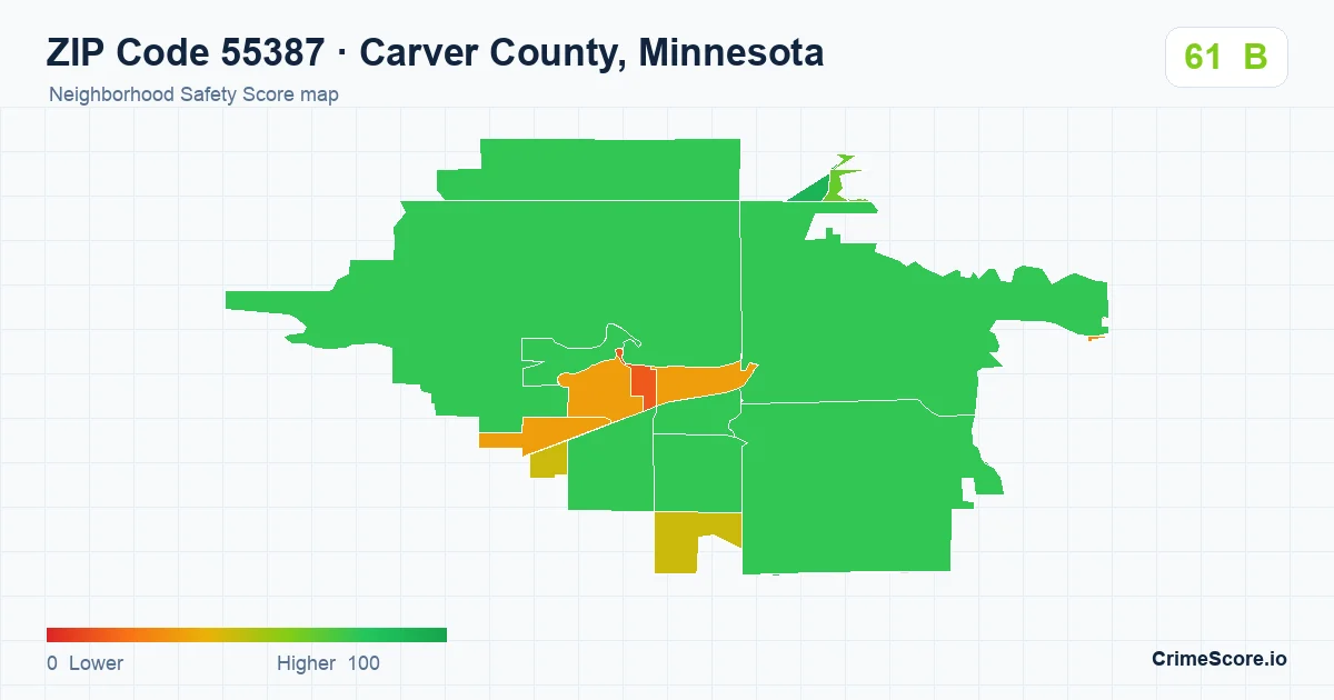ZIP Code 55387 in Carver County, Minnesota neighborhood Safety Score map