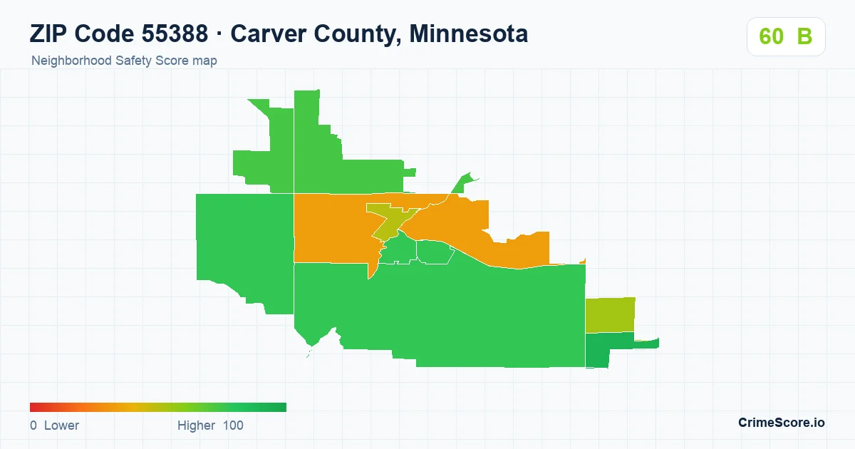 ZIP Code 55388 in Carver County, Minnesota neighborhood Safety Score map