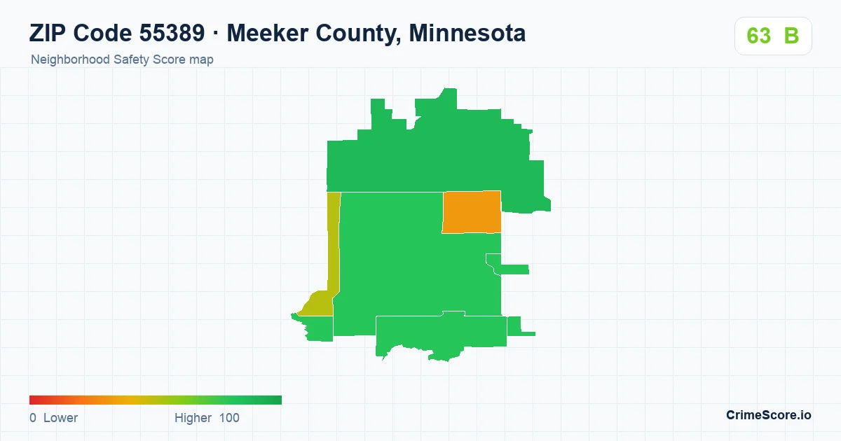 ZIP Code 55389 in Meeker County, Minnesota neighborhood Safety Score map