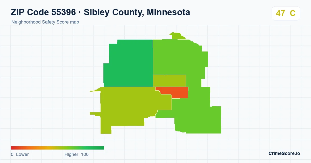 ZIP Code 55396 in Sibley County, Minnesota neighborhood Safety Score map
