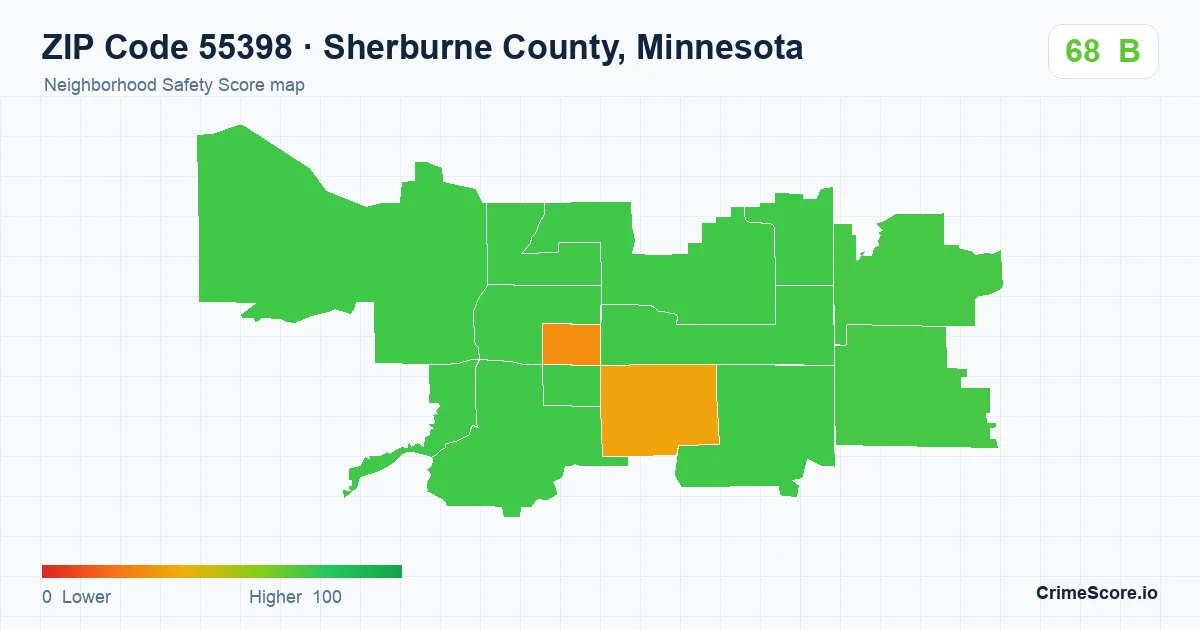 ZIP Code 55398 in Sherburne County, Minnesota neighborhood Safety Score map