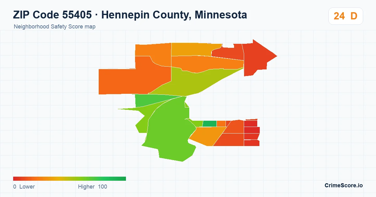 ZIP Code 55405 in Hennepin County, Minnesota neighborhood Safety Score map