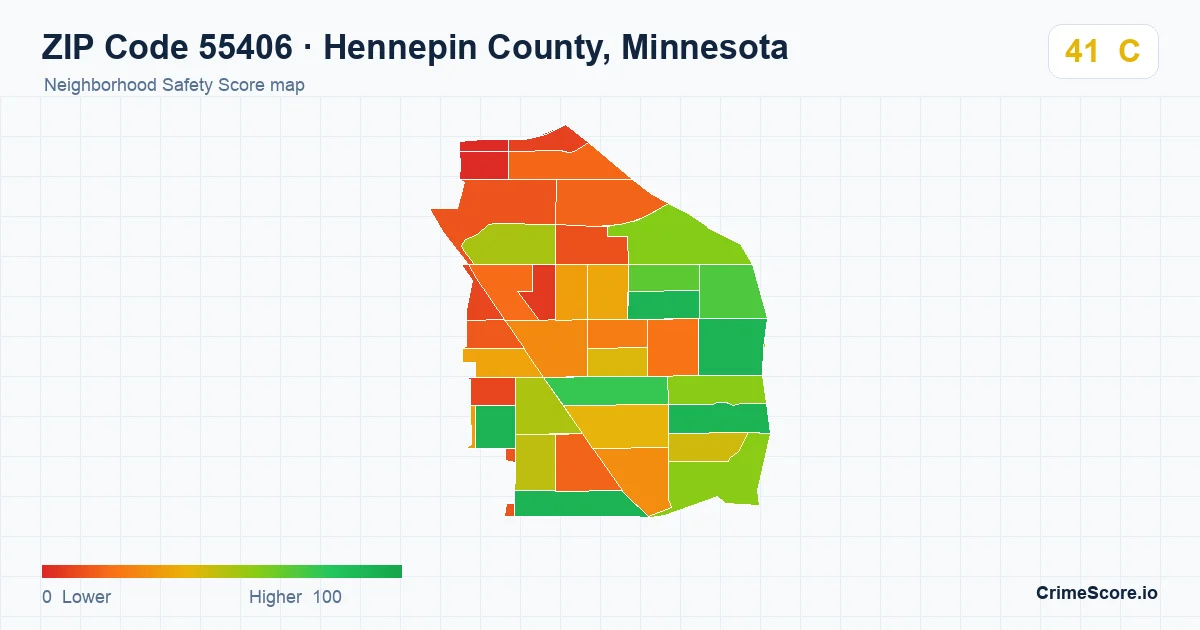ZIP Code 55406 in Hennepin County, Minnesota neighborhood Safety Score map