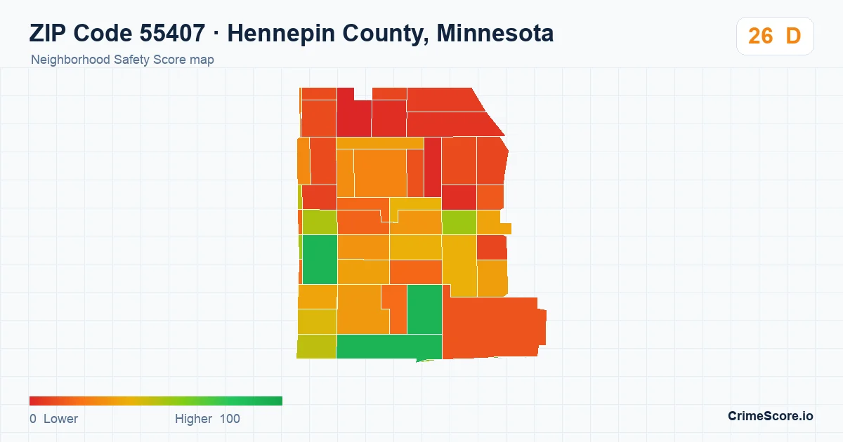 ZIP Code 55407 in Hennepin County, Minnesota neighborhood Safety Score map