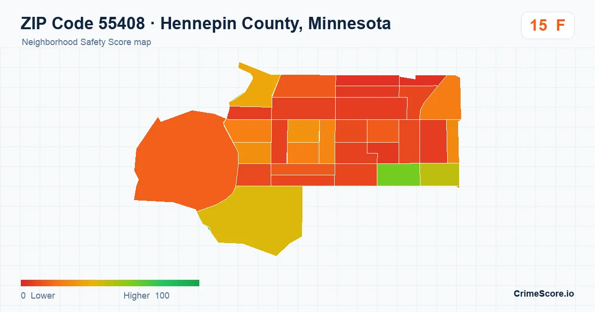 ZIP Code 55408 in Hennepin County, Minnesota neighborhood Safety Score map