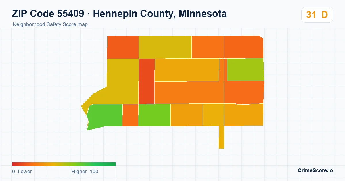 ZIP Code 55409 in Hennepin County, Minnesota neighborhood Safety Score map