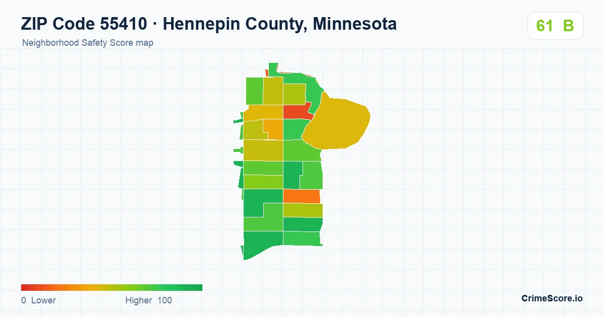 ZIP Code 55410 in Hennepin County, Minnesota neighborhood Safety Score map