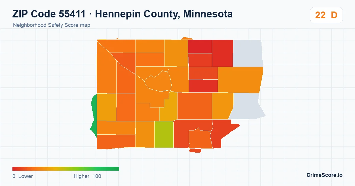 ZIP Code 55411 in Hennepin County, Minnesota neighborhood Safety Score map