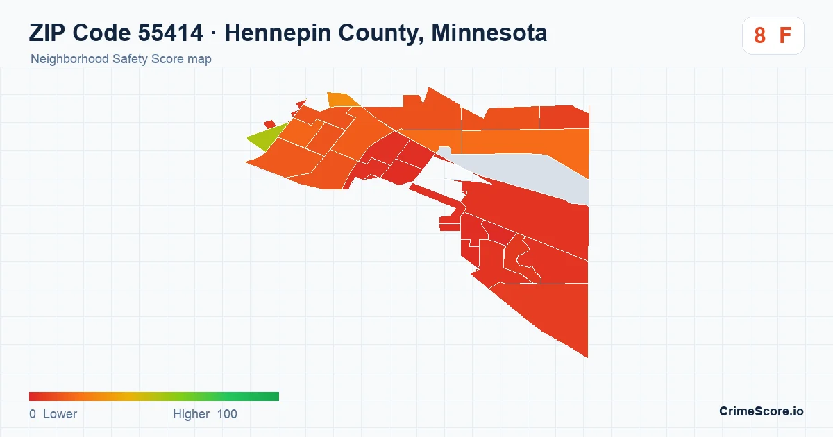 ZIP Code 55414 in Hennepin County, Minnesota neighborhood Safety Score map