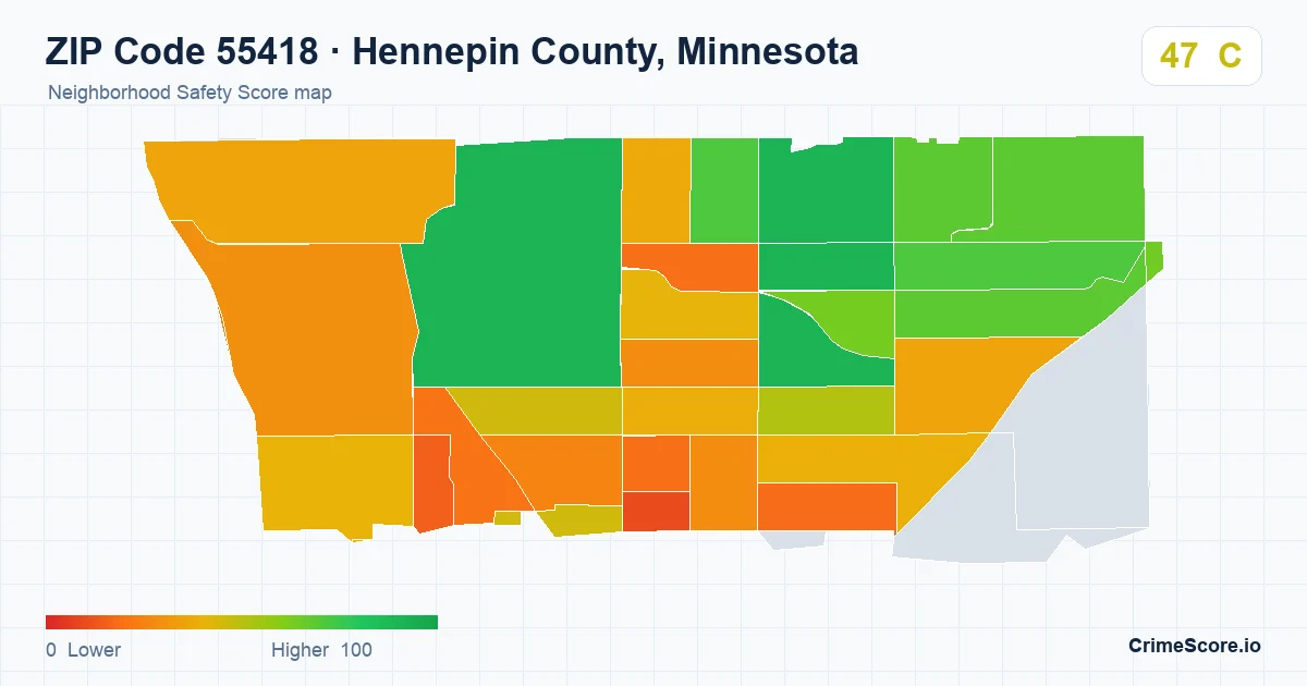 ZIP Code 55418 in Hennepin County, Minnesota neighborhood Safety Score map