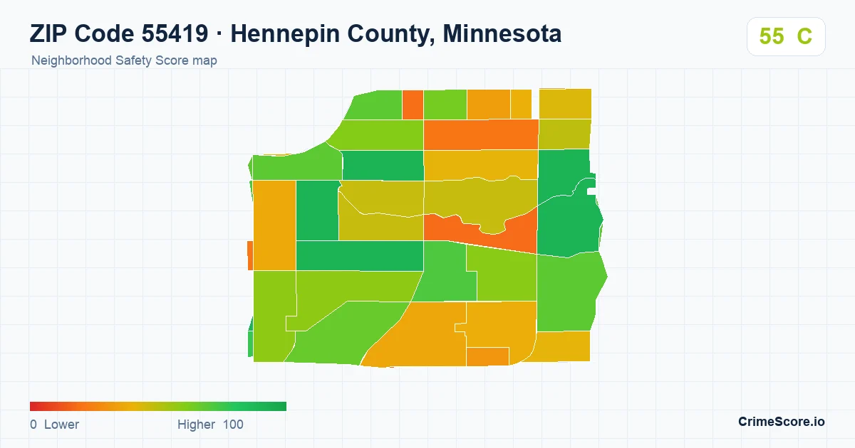 ZIP Code 55419 in Hennepin County, Minnesota neighborhood Safety Score map