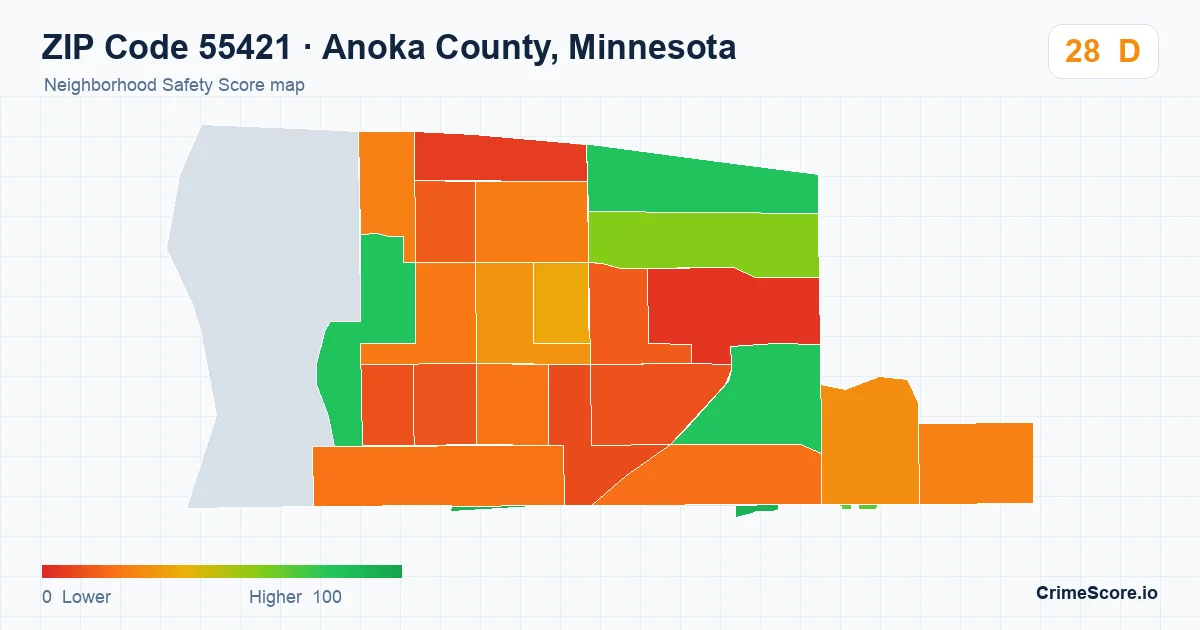 ZIP Code 55421 in Anoka County, Minnesota neighborhood Safety Score map