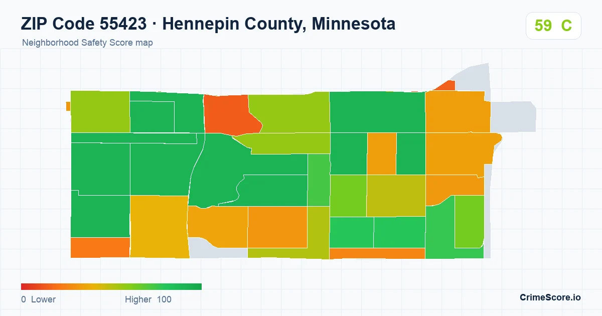 ZIP Code 55423 in Hennepin County, Minnesota neighborhood Safety Score map