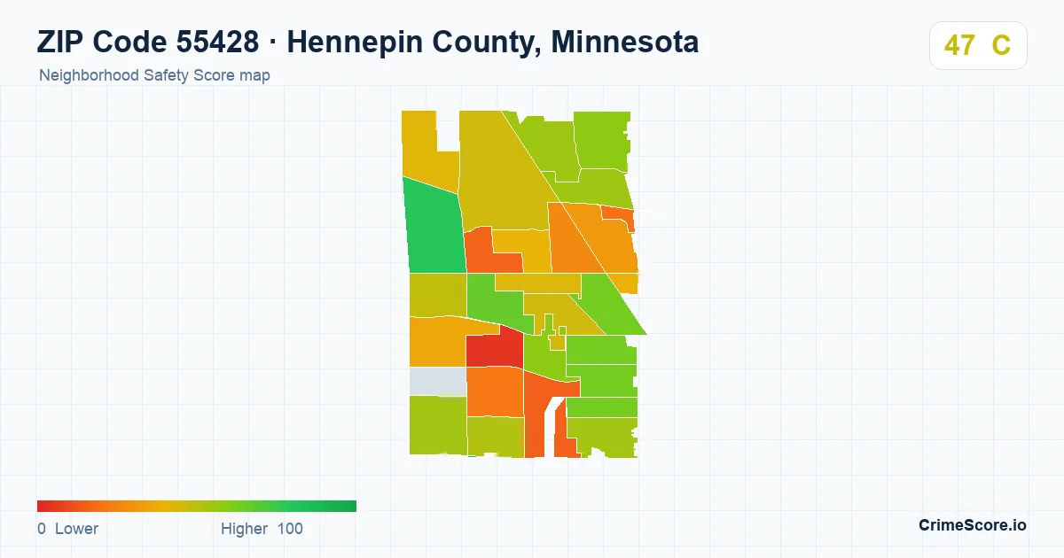 ZIP Code 55428 in Hennepin County, Minnesota neighborhood Safety Score map