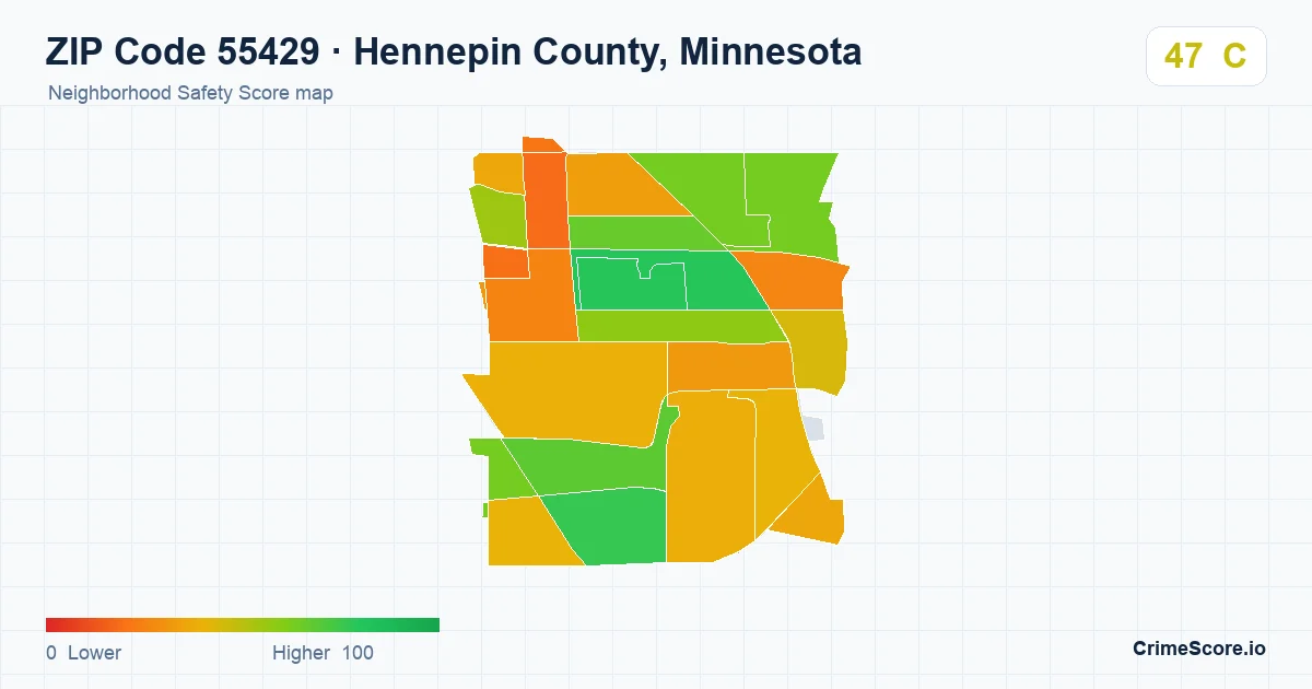 ZIP Code 55429 in Hennepin County, Minnesota neighborhood Safety Score map