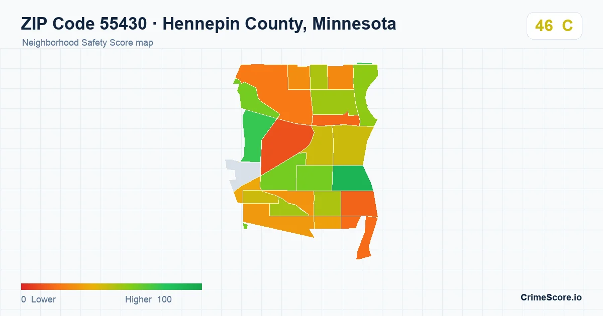 ZIP Code 55430 in Hennepin County, Minnesota neighborhood Safety Score map