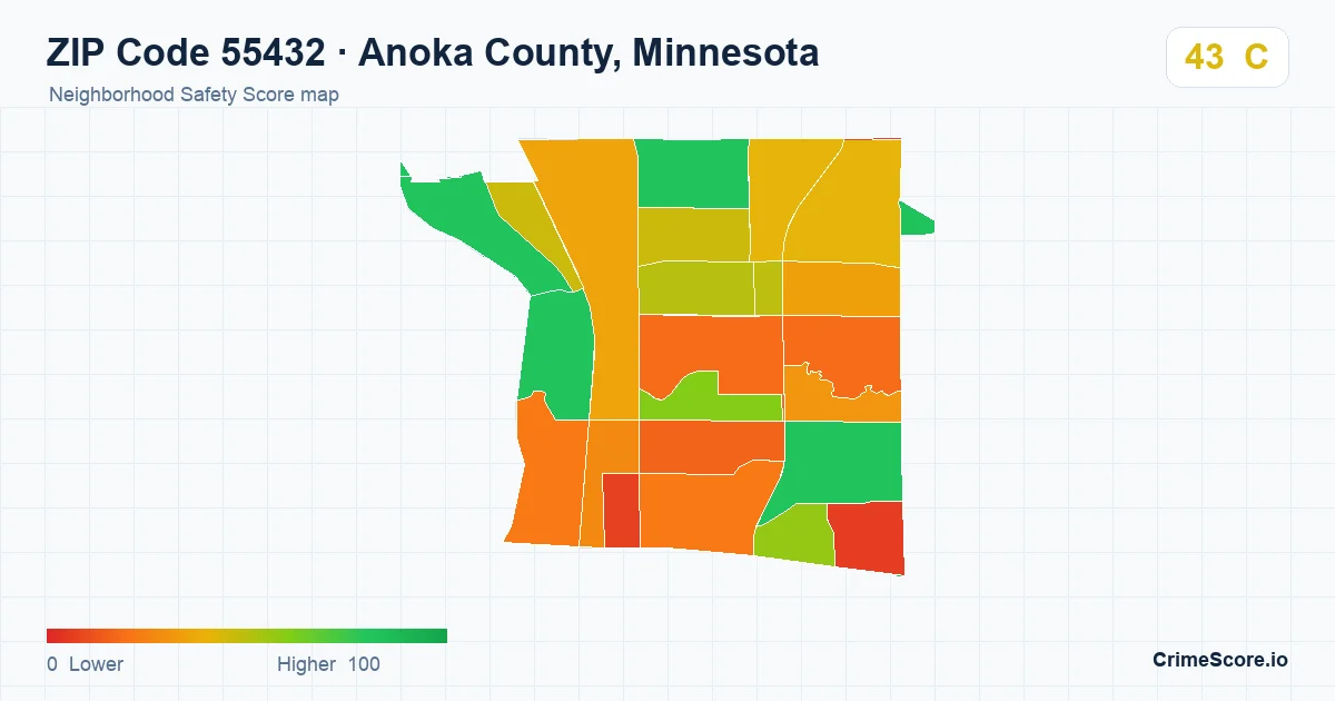 ZIP Code 55432 in Anoka County, Minnesota neighborhood Safety Score map
