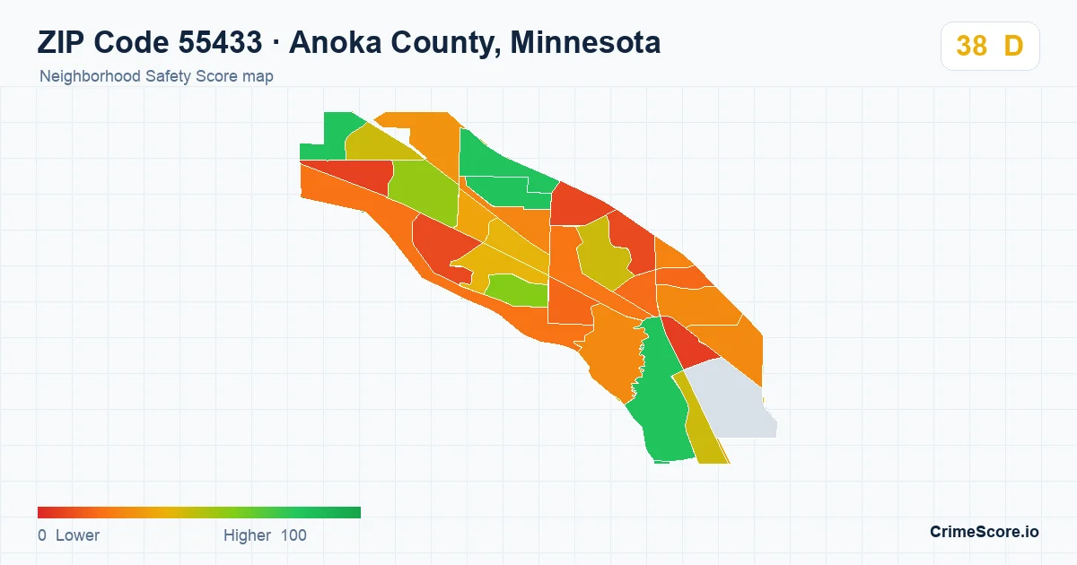 ZIP Code 55433 in Anoka County, Minnesota neighborhood Safety Score map