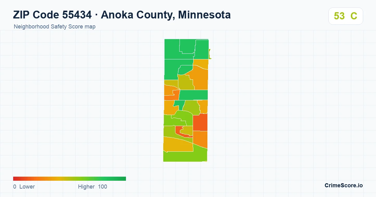 ZIP Code 55434 in Anoka County, Minnesota neighborhood Safety Score map