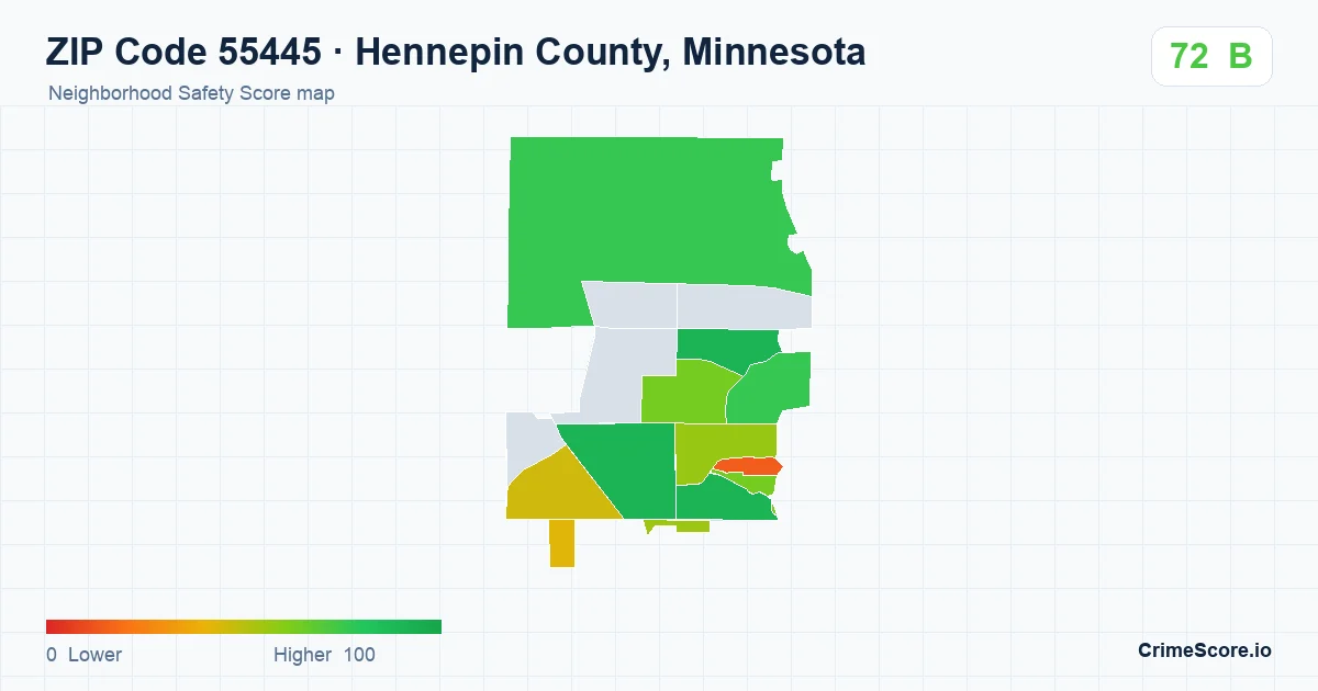 ZIP Code 55445 in Hennepin County, Minnesota neighborhood Safety Score map