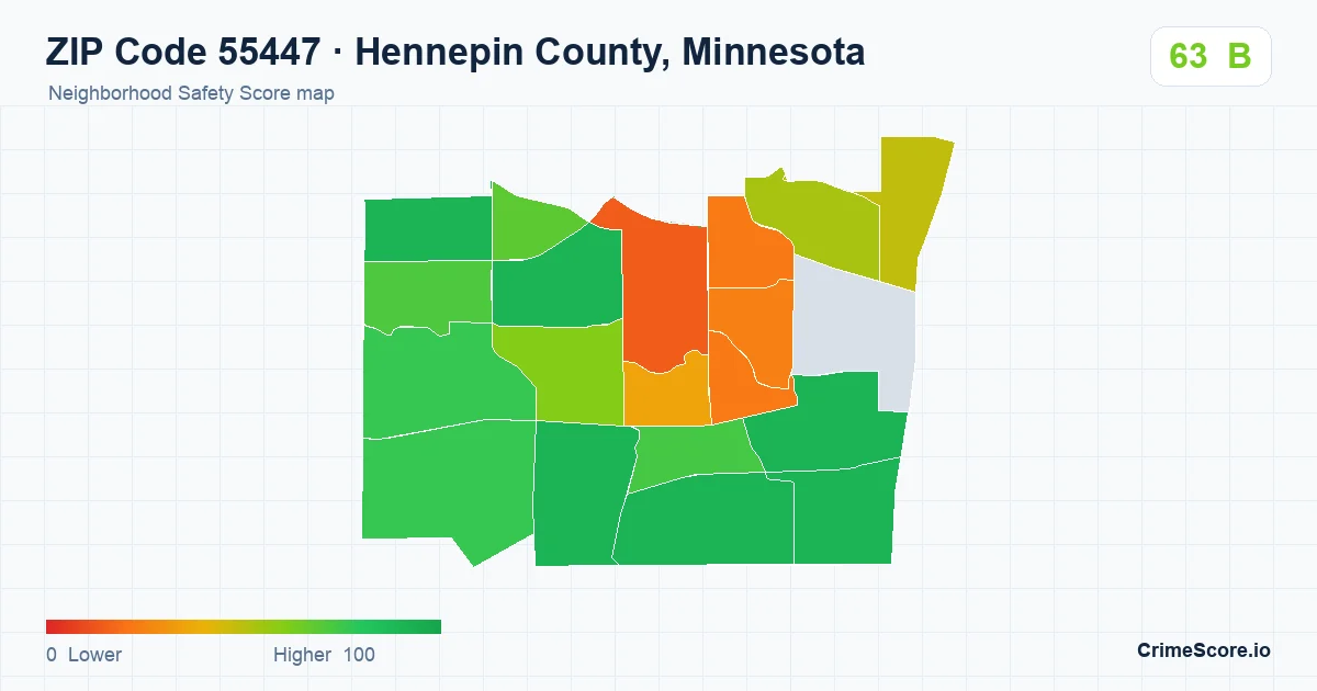 ZIP Code 55447 in Hennepin County, Minnesota neighborhood Safety Score map