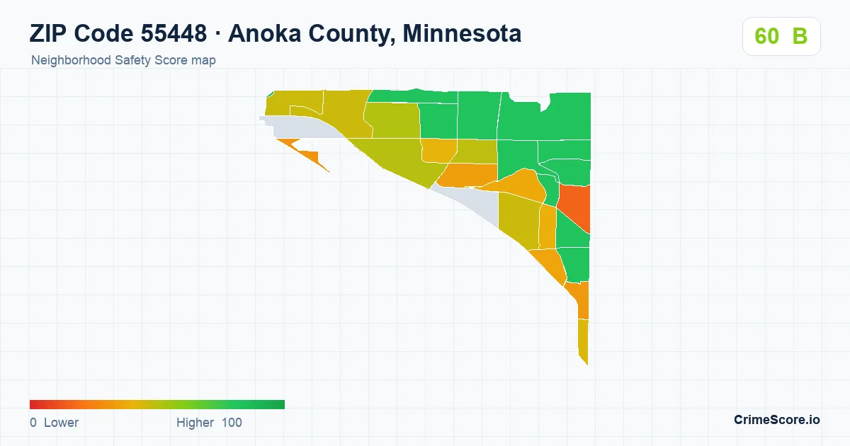 ZIP Code 55448 in Anoka County, Minnesota neighborhood Safety Score map
