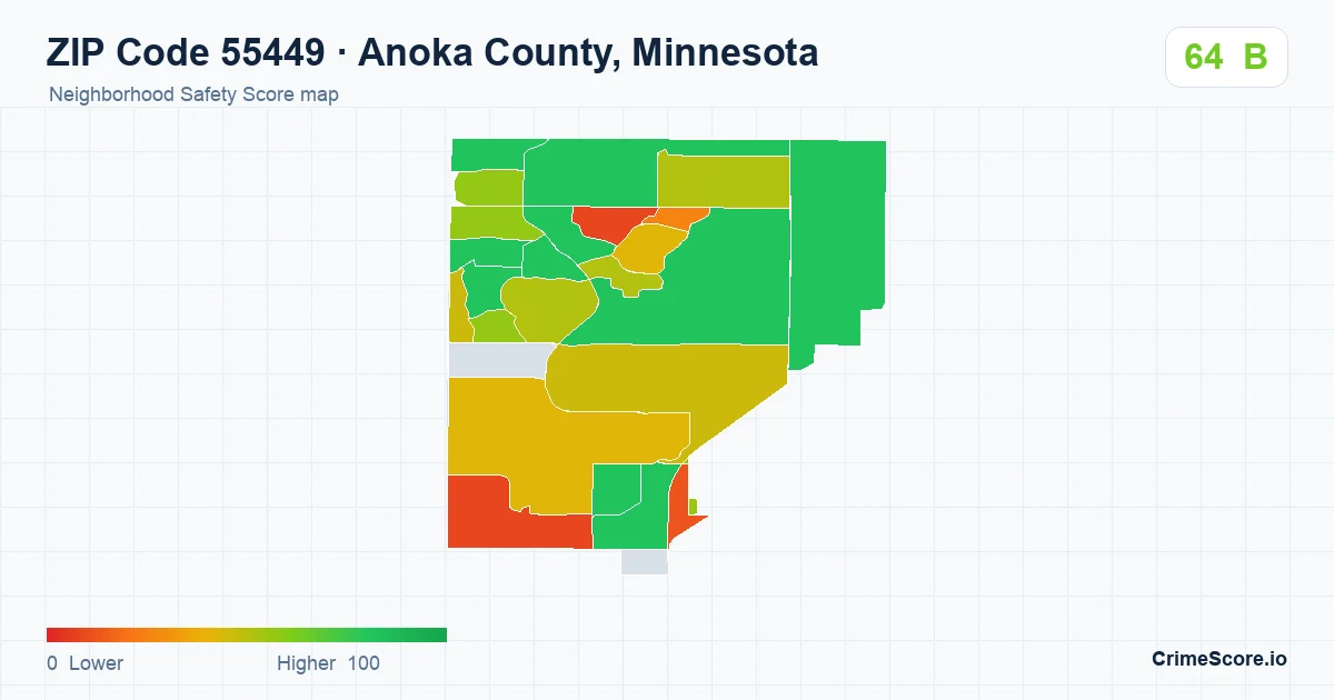ZIP Code 55449 in Anoka County, Minnesota neighborhood Safety Score map