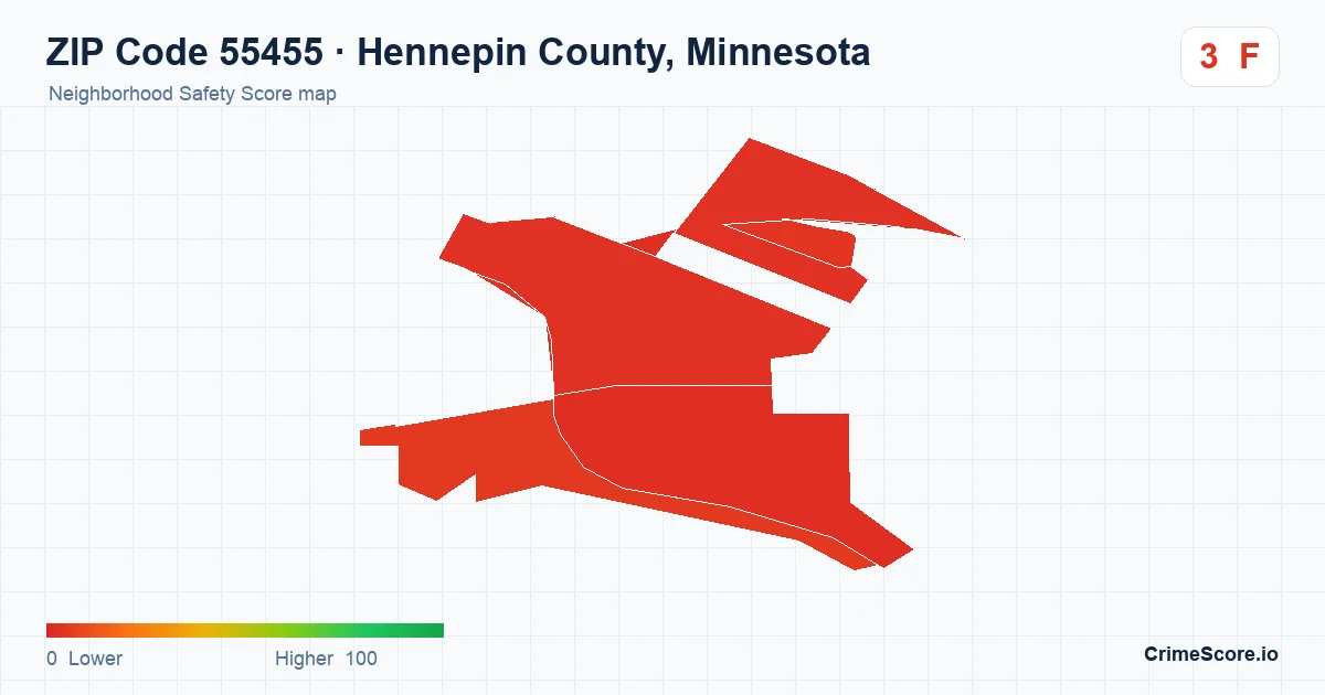 ZIP Code 55455 in Hennepin County, Minnesota neighborhood Safety Score map