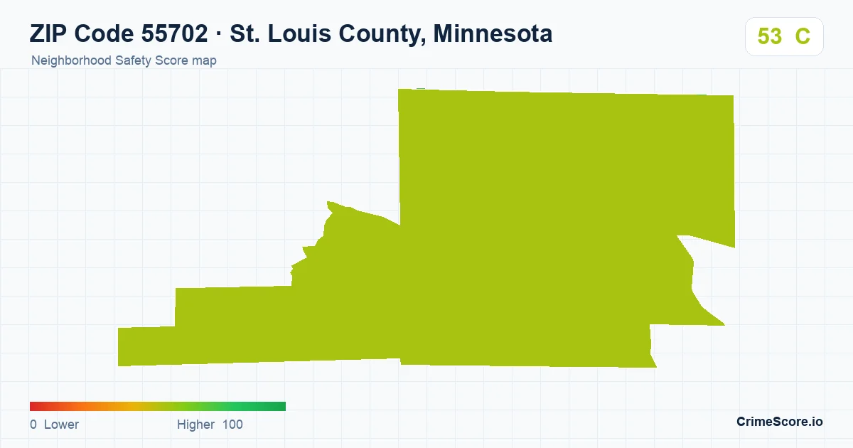 ZIP Code 55702 in St. Louis County, Minnesota neighborhood Safety Score map