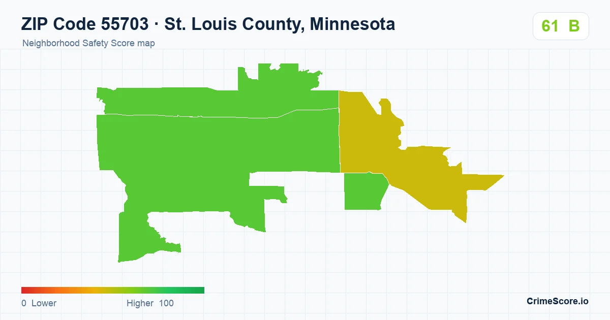 ZIP Code 55703 in St. Louis County, Minnesota neighborhood Safety Score map