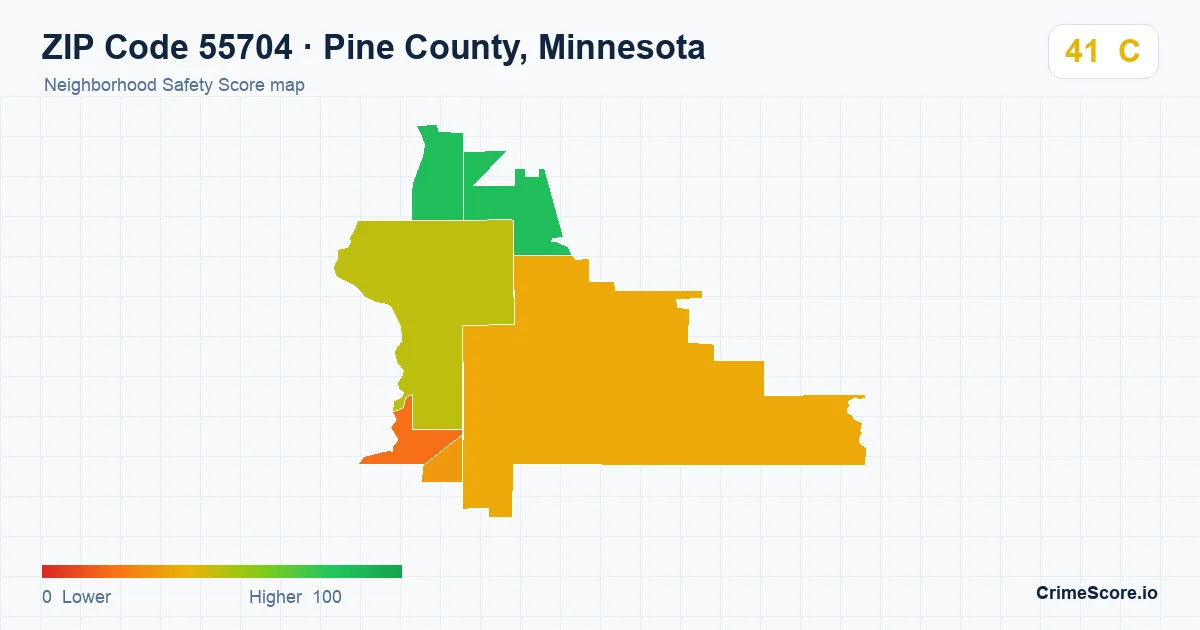 ZIP Code 55704 in Pine County, Minnesota neighborhood Safety Score map