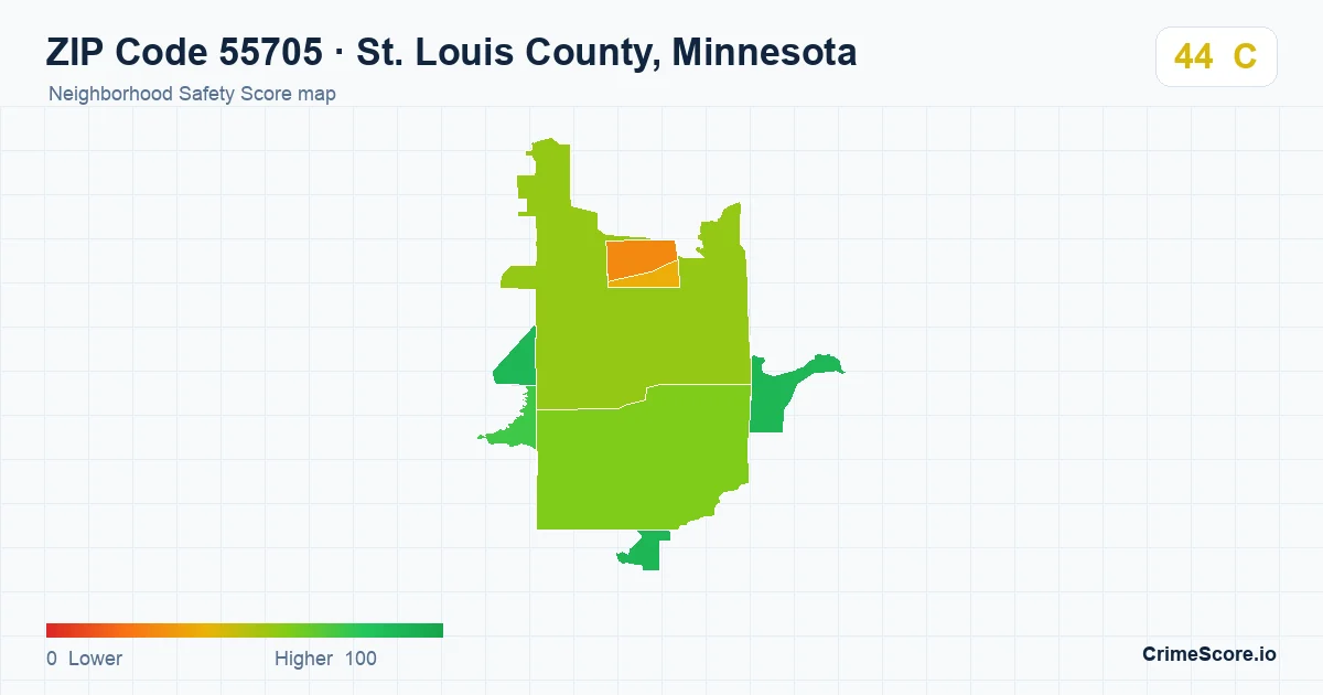 ZIP Code 55705 in St. Louis County, Minnesota neighborhood Safety Score map