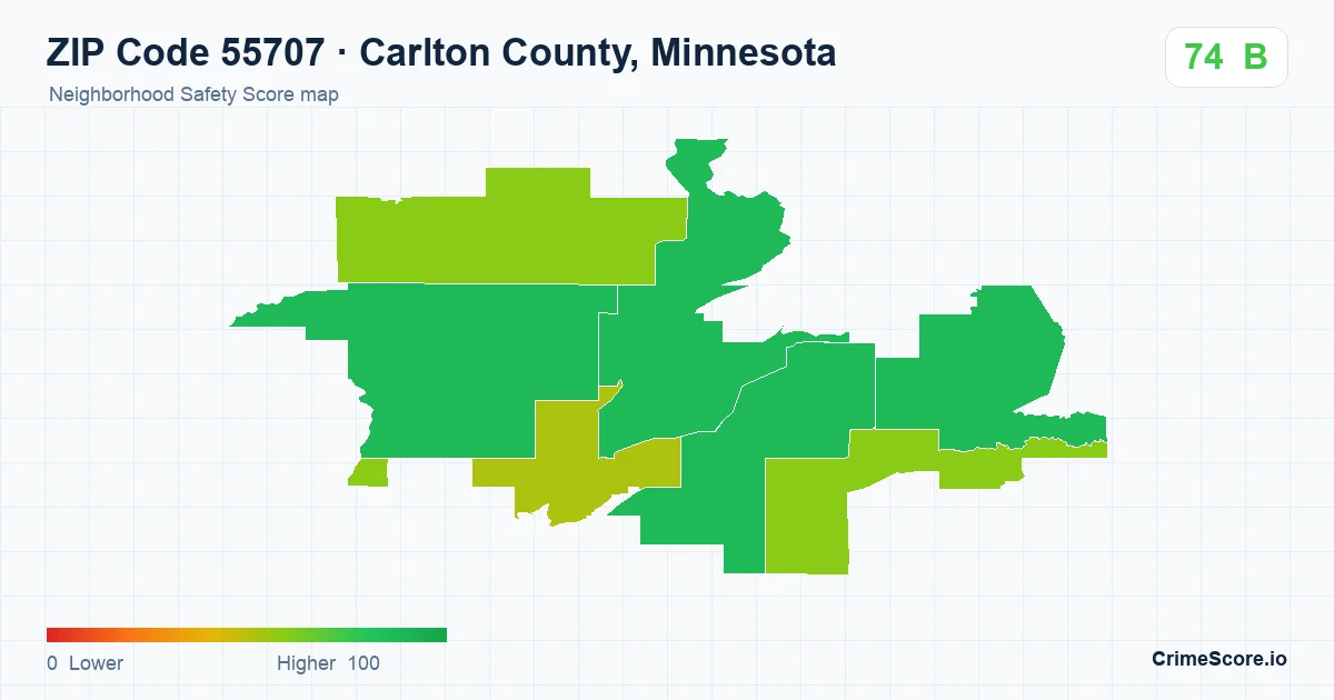 ZIP Code 55707 in Carlton County, Minnesota neighborhood Safety Score map