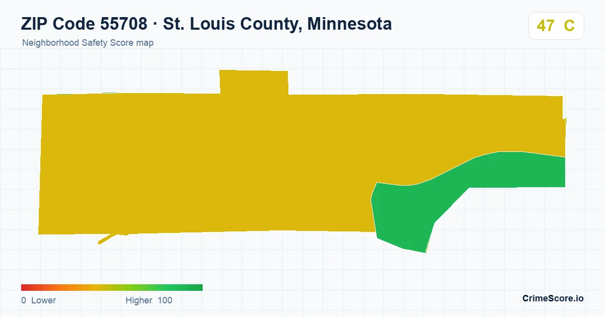 ZIP Code 55708 in St. Louis County, Minnesota neighborhood Safety Score map