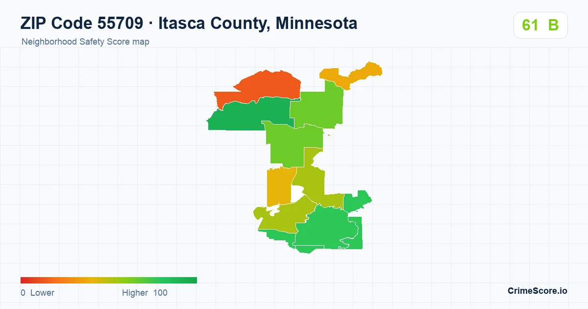 ZIP Code 55709 in Itasca County, Minnesota neighborhood Safety Score map