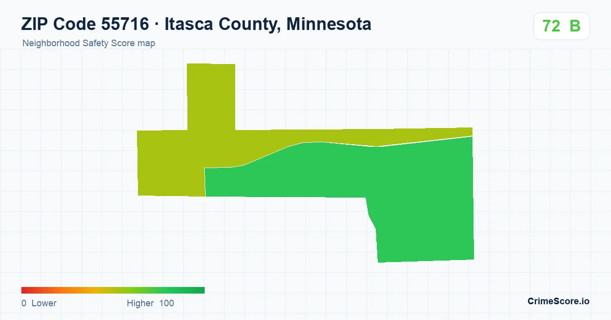 ZIP Code 55716 in Itasca County, Minnesota neighborhood Safety Score map