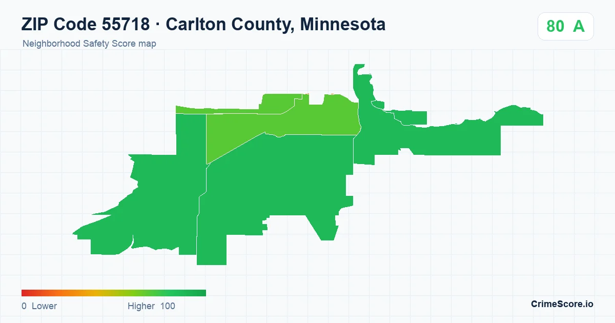 ZIP Code 55718 in Carlton County, Minnesota neighborhood Safety Score map
