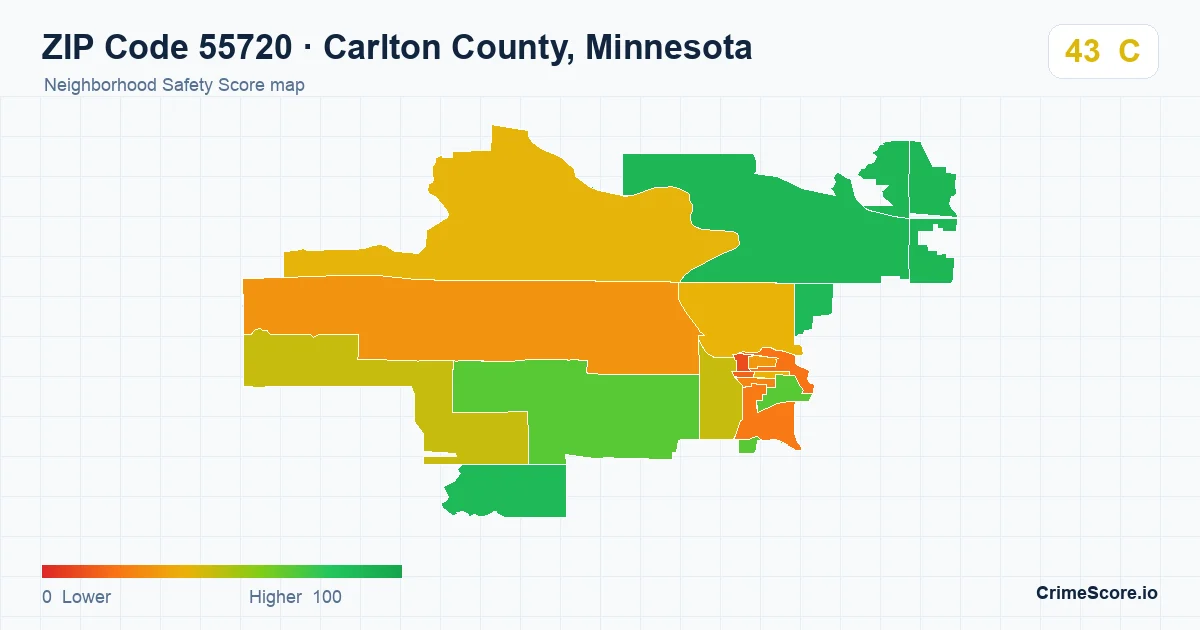 ZIP Code 55720 in Carlton County, Minnesota neighborhood Safety Score map