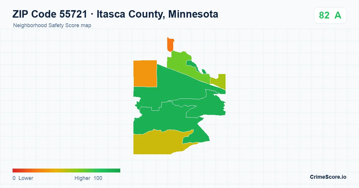 ZIP Code 55721 in Itasca County, Minnesota neighborhood Safety Score map