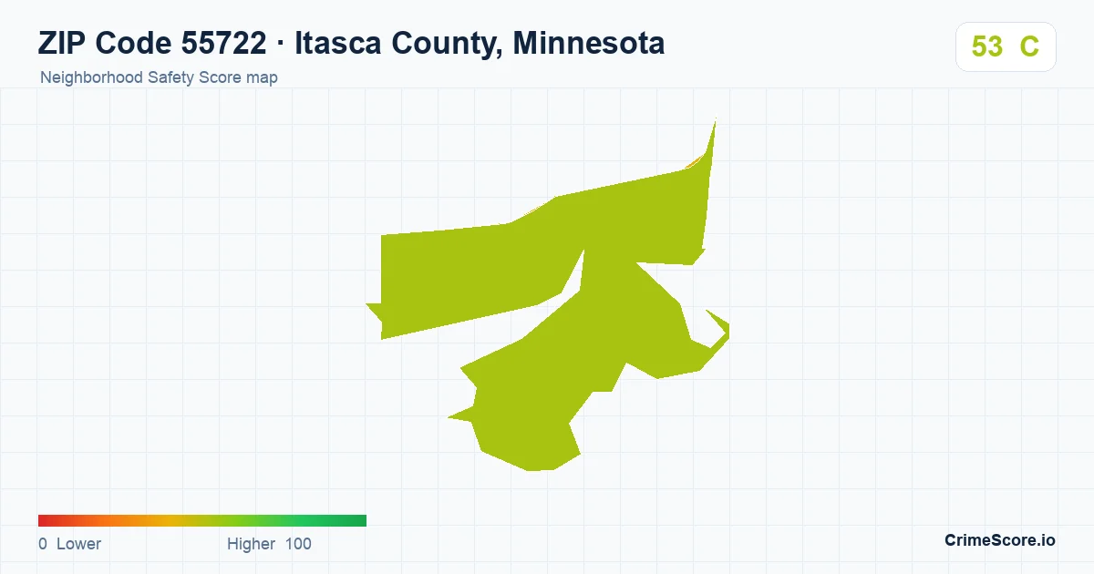 ZIP Code 55722 in Itasca County, Minnesota neighborhood Safety Score map