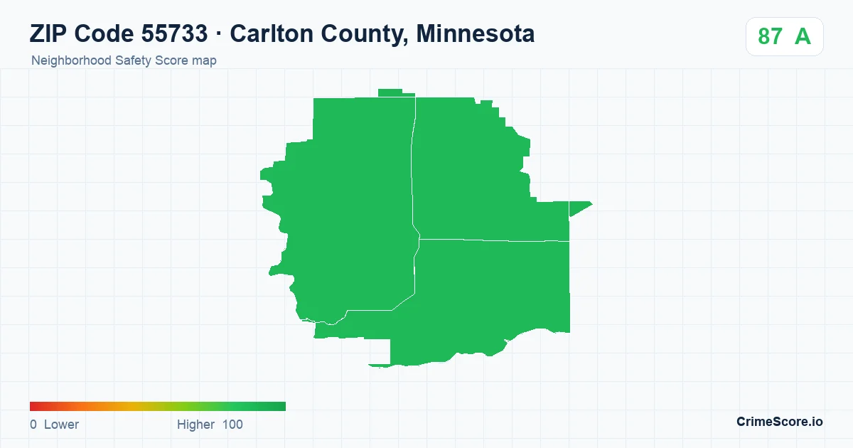 ZIP Code 55733 in Carlton County, Minnesota neighborhood Safety Score map