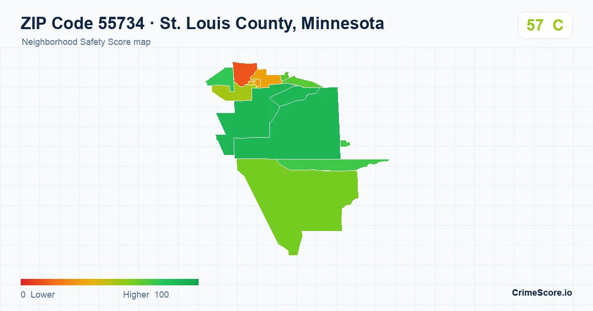 ZIP Code 55734 in St. Louis County, Minnesota neighborhood Safety Score map