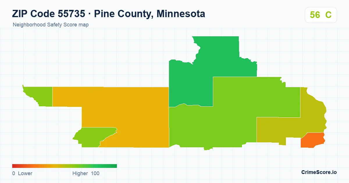ZIP Code 55735 in Pine County, Minnesota neighborhood Safety Score map