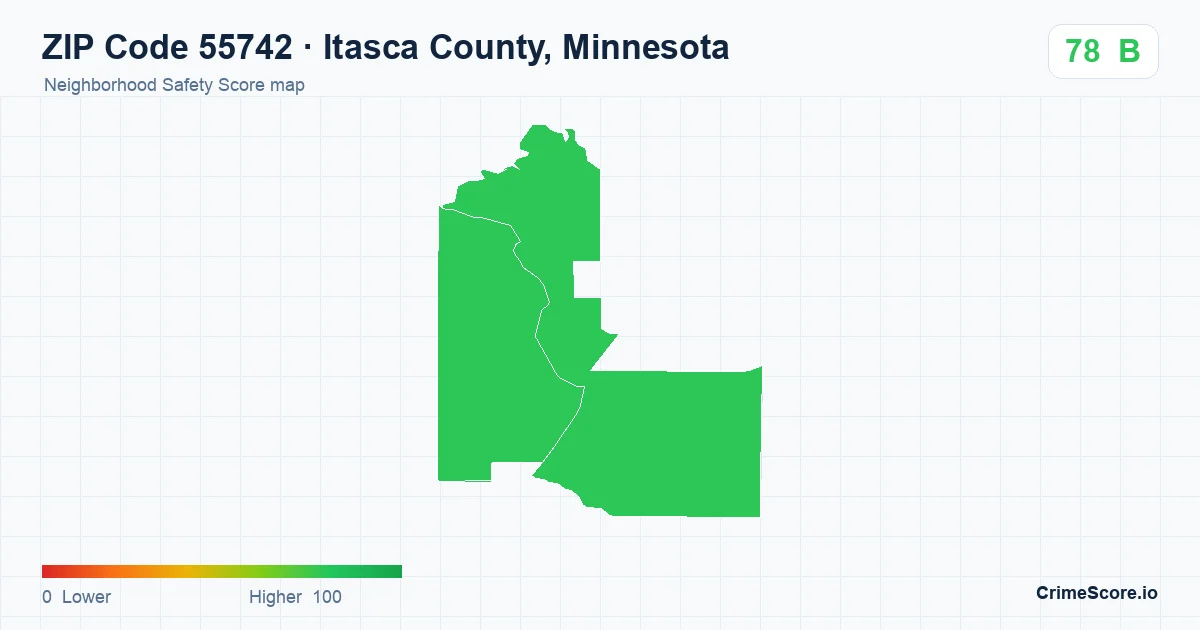 ZIP Code 55742 in Itasca County, Minnesota neighborhood Safety Score map