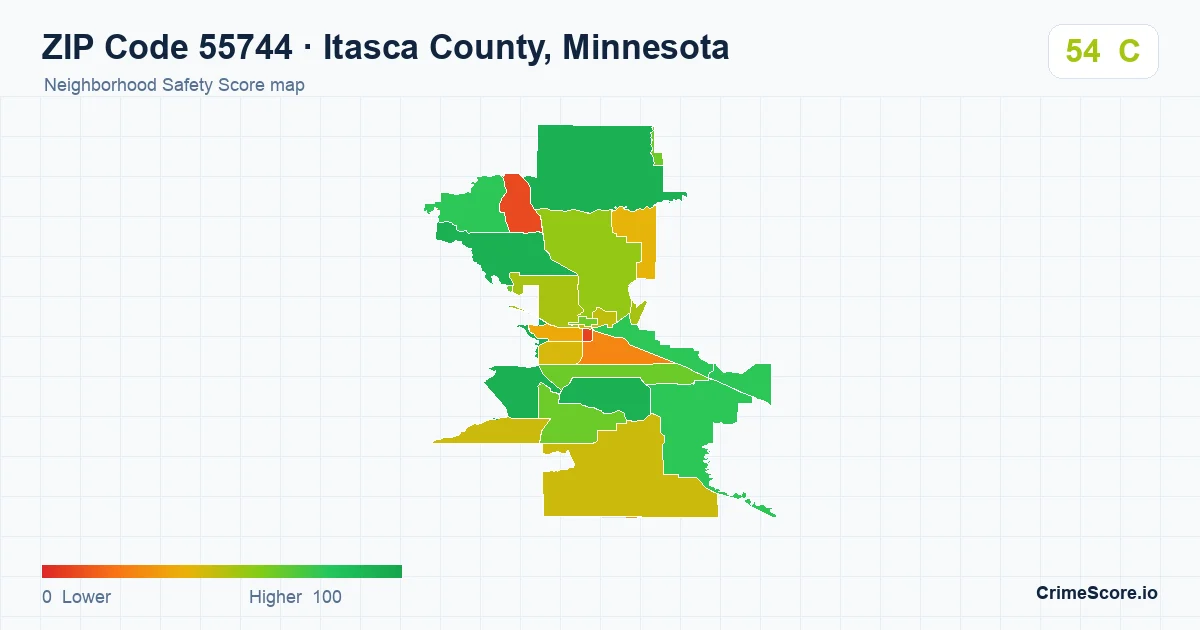 ZIP Code 55744 in Itasca County, Minnesota neighborhood Safety Score map