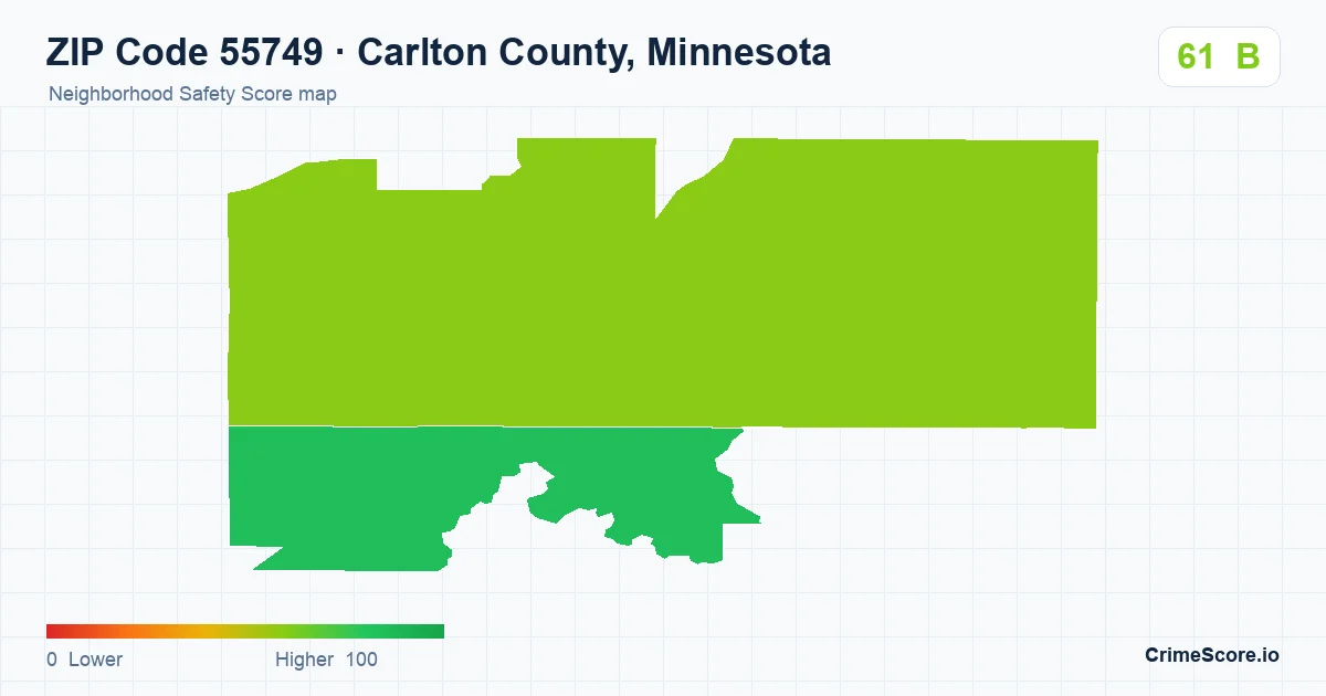 ZIP Code 55749 in Carlton County, Minnesota neighborhood Safety Score map