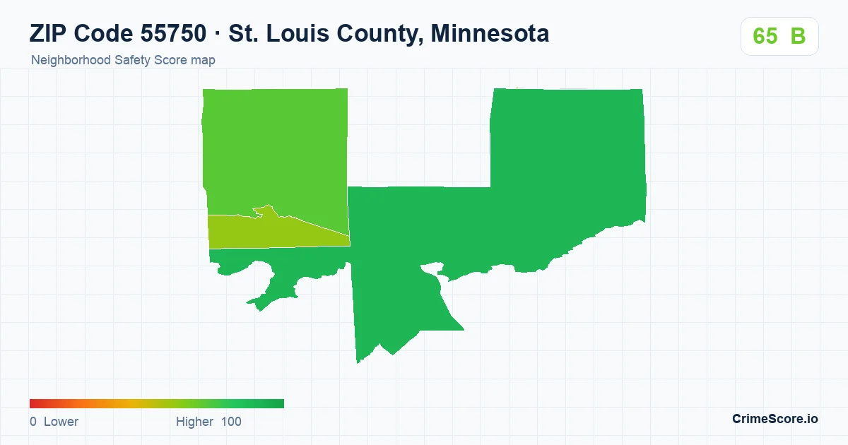 ZIP Code 55750 in St. Louis County, Minnesota neighborhood Safety Score map