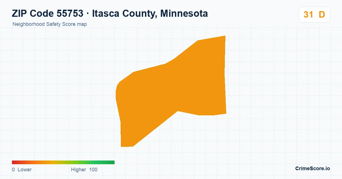 ZIP Code 55753 in Itasca County, Minnesota neighborhood Safety Score map